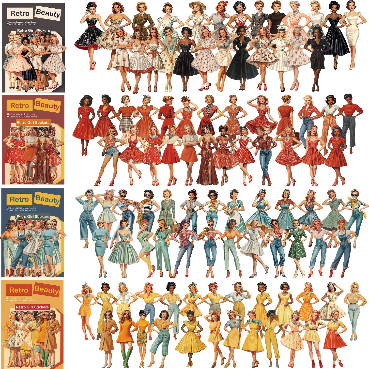 Image of 4 Packs (100 Sheets) Vintage Pet Stickers - Retro 1940s-1950s Decals With Curvy , Irregular Cutouts & Matte Suitable For Scrapbooking, Journals, Phone Cases, Photo Albums - Plastic Stickers