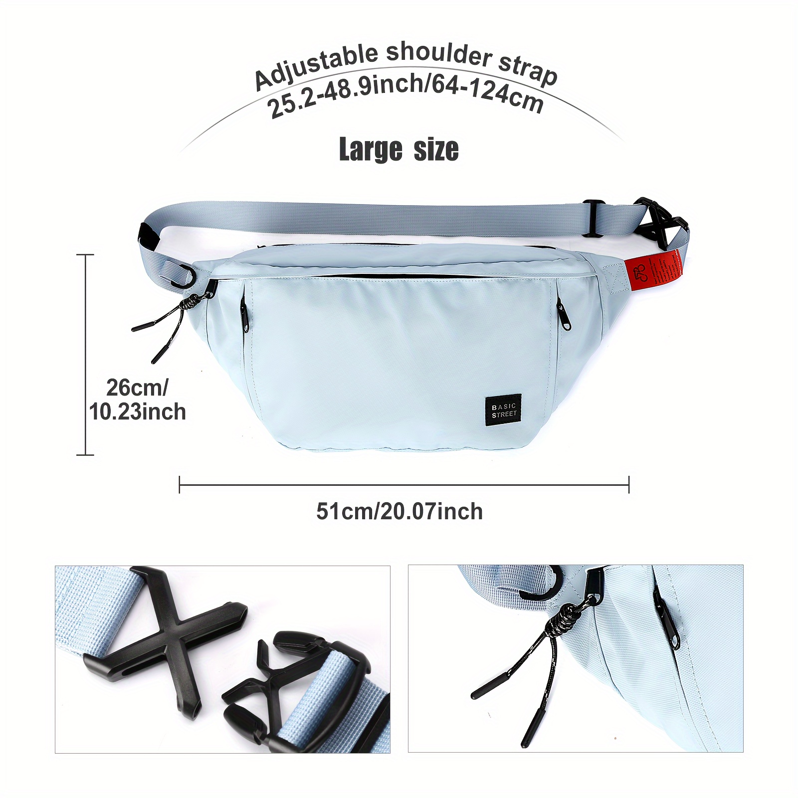 Large Plus Size Fanny Pack for Men and Women, Casual Style, Nylon Material, Lightweight, Adjustable Shoulder Strap, Zipper Closure, Polyester Lining, Splicing Detail, Hand Wash Instruction, Going Out Occasion, COOFAY Brand