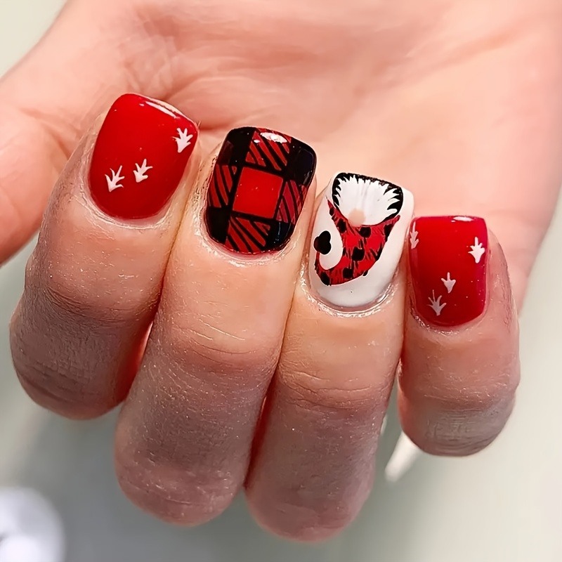 

Festive Red Plaid And Holiday Element Design Press-on Nails, Removable Glossy Finish Short Length Adhesive False Nails With Santa And Reindeer Accents, Ready To Wear Christmas Manicure Set - Mxm109