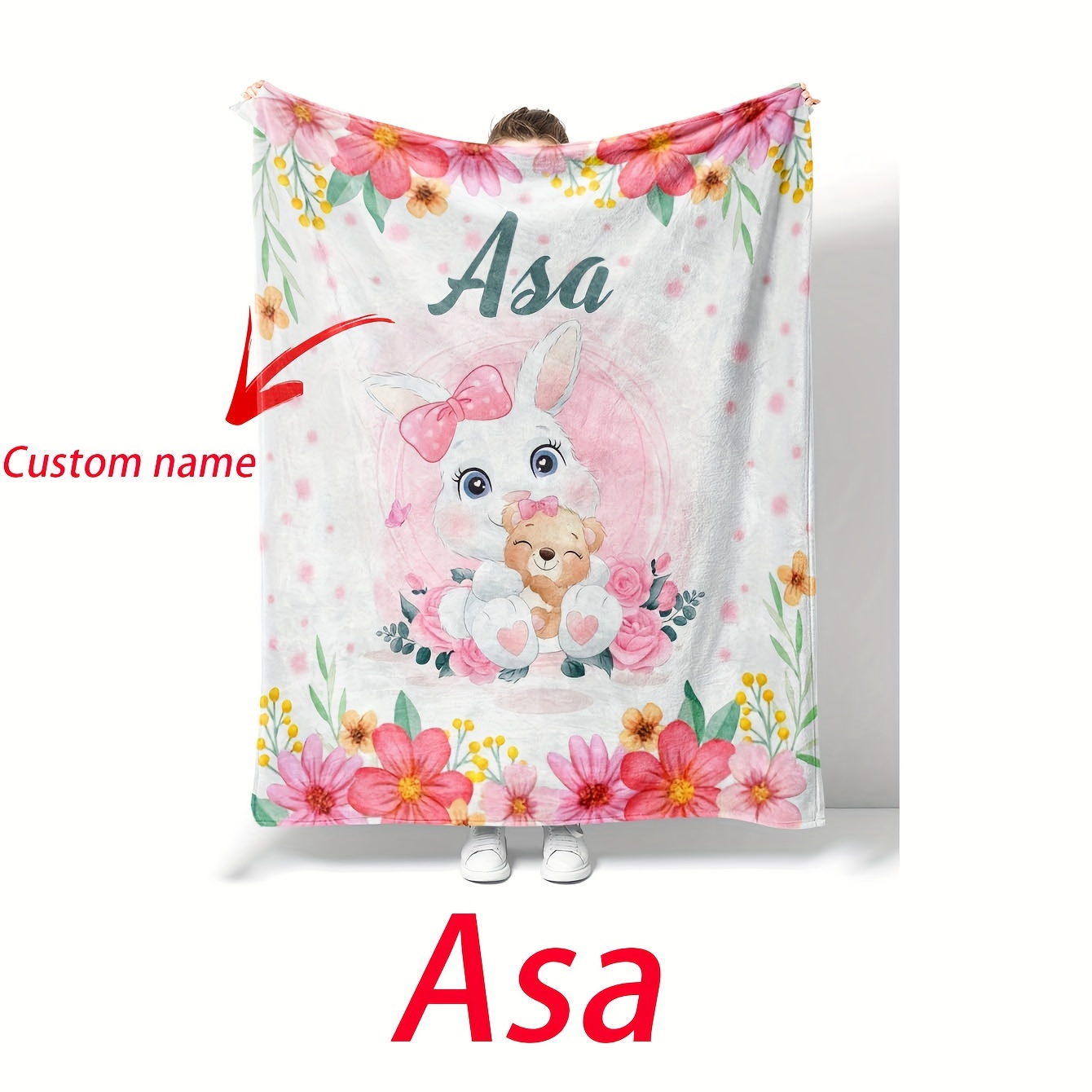 

Custom Name Flannel Blanket With Cute Bunny Design - Perfect For Office, Sofa, Bed, And All-season Comfort - Ideal Birthday Or Holiday Gift