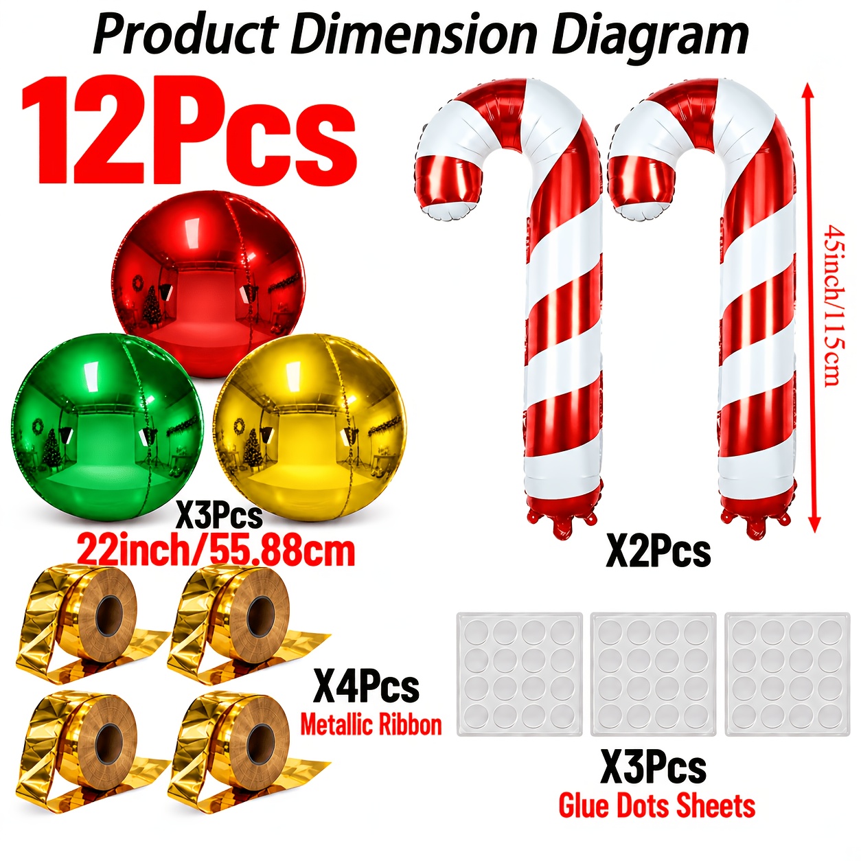 TEMU Photography Props 12pcs Cane Balloons, Christmas Gift Ball Decorations, Red 3 Colors, , Suitable For Christmas Party Decorations, Christmas