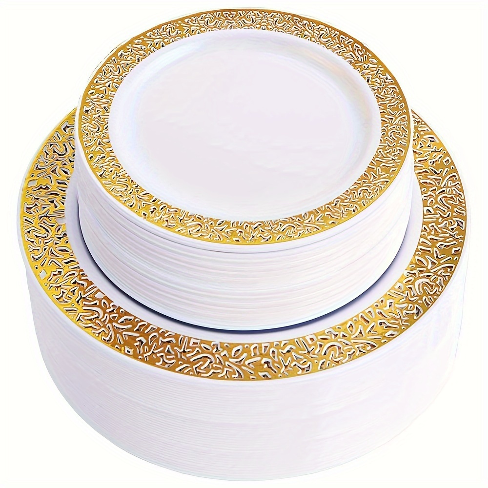 

102pcs Gold Disposable Plastic Plates - Christmas Plates Include 51 Plastic Dinner Plates 10.25inch, 51 Salad/dessert Plates 7.5inch Gold Lace Plates
