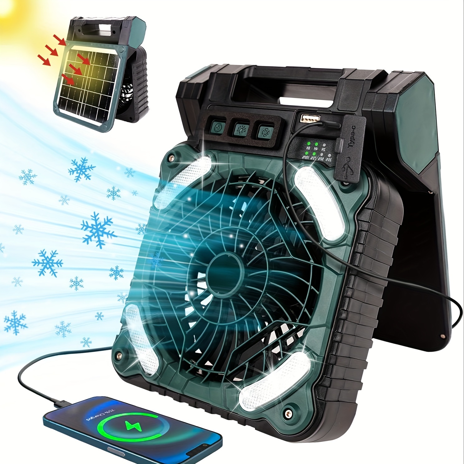 portable solar rechargeable fan 5200 mah type c charging 4 speeds adjustable brushless with and led timer for camping details 1