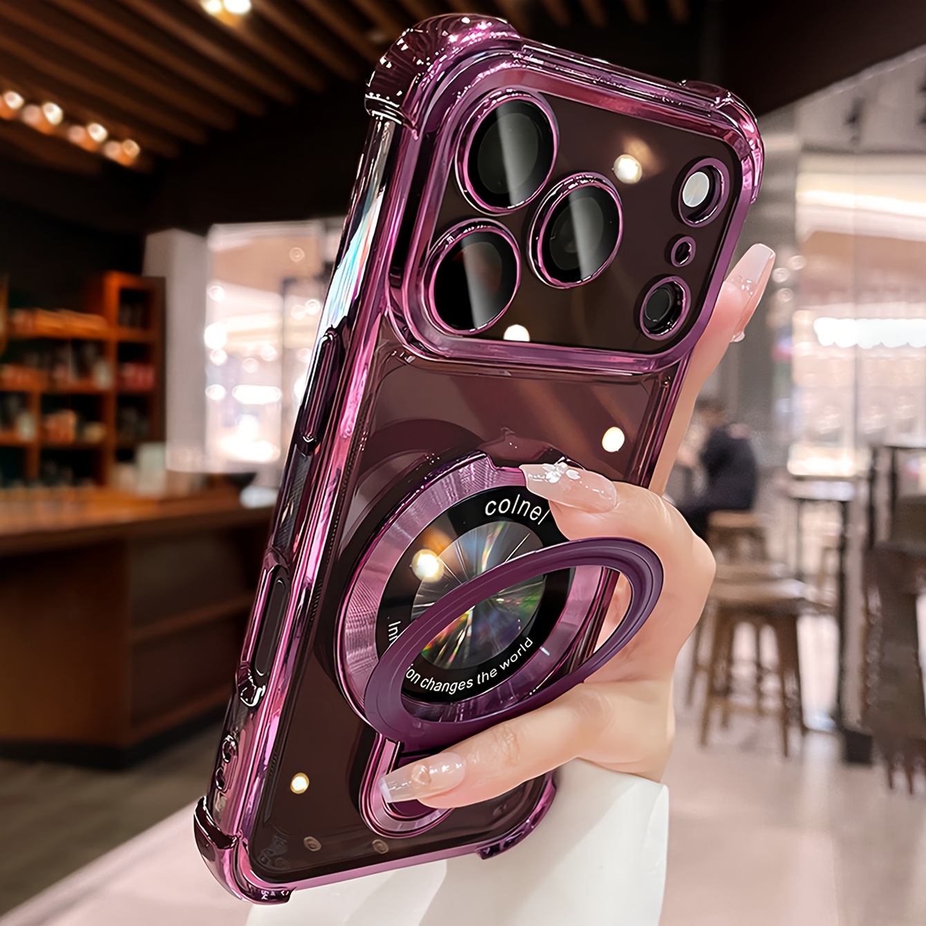 TEMU Étui de téléphone : Étui de luxe avec placage, anneau magnétique transparent, support à anneau, compatible avec la recharge fil, pour iPhone 18