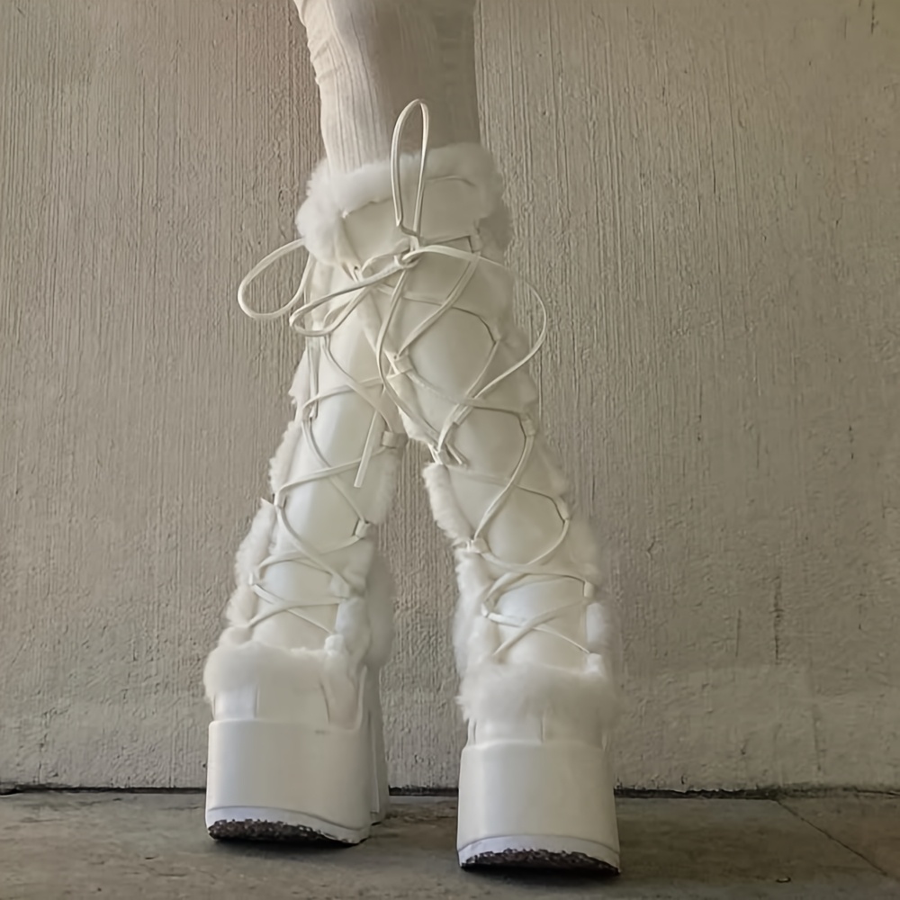 【THREE TO EIGHTY】PLATFORM MIDDLE FUR BOOTS / 追跡付 women's chunky platform knee high boots side zipper winter