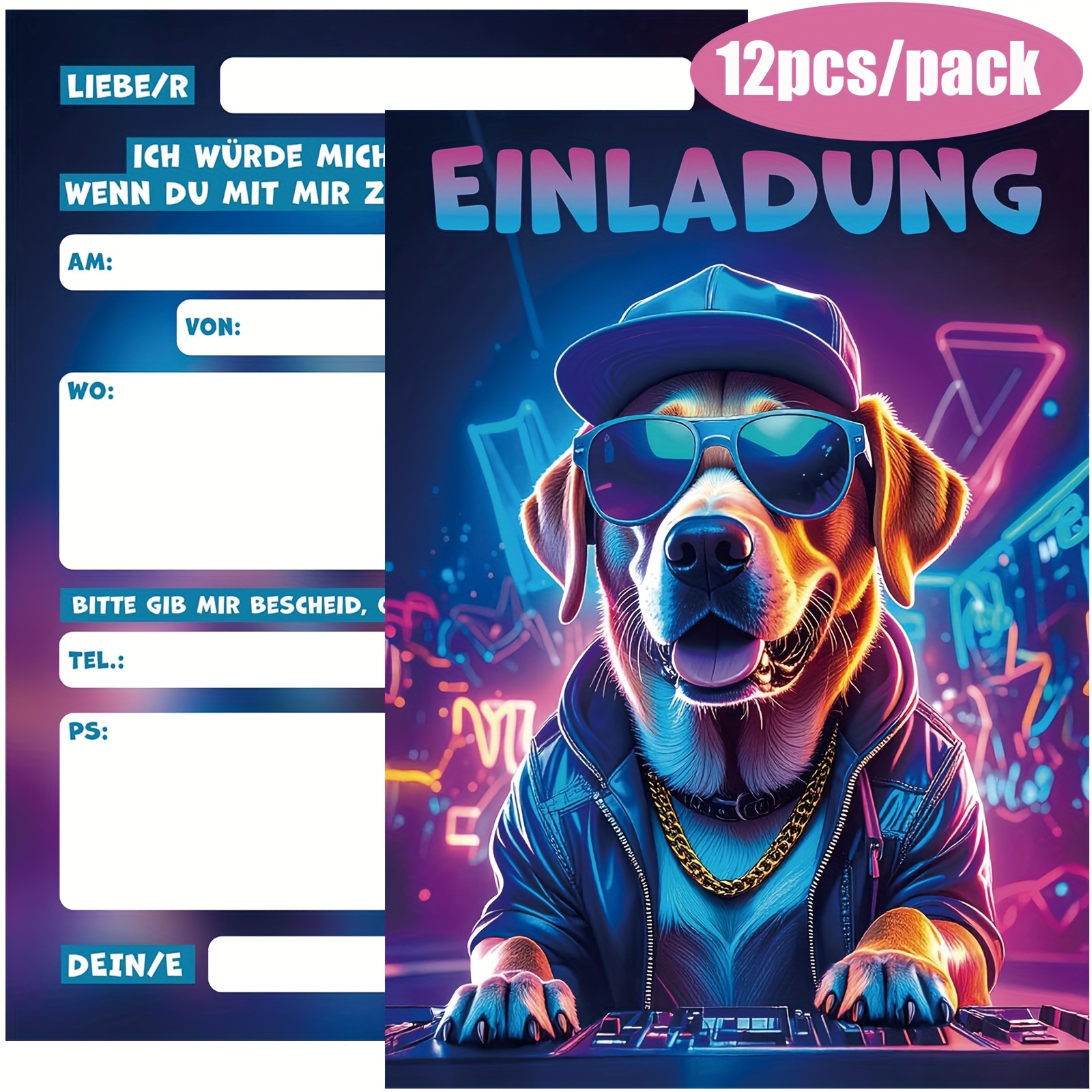 Image of 12pcs Shop German Neon Birthday Party Invitations - Music Theme Party Cards With German Text, Name/phone/email , Dj Puppy Invitation Templates, New Year & Graduation Events