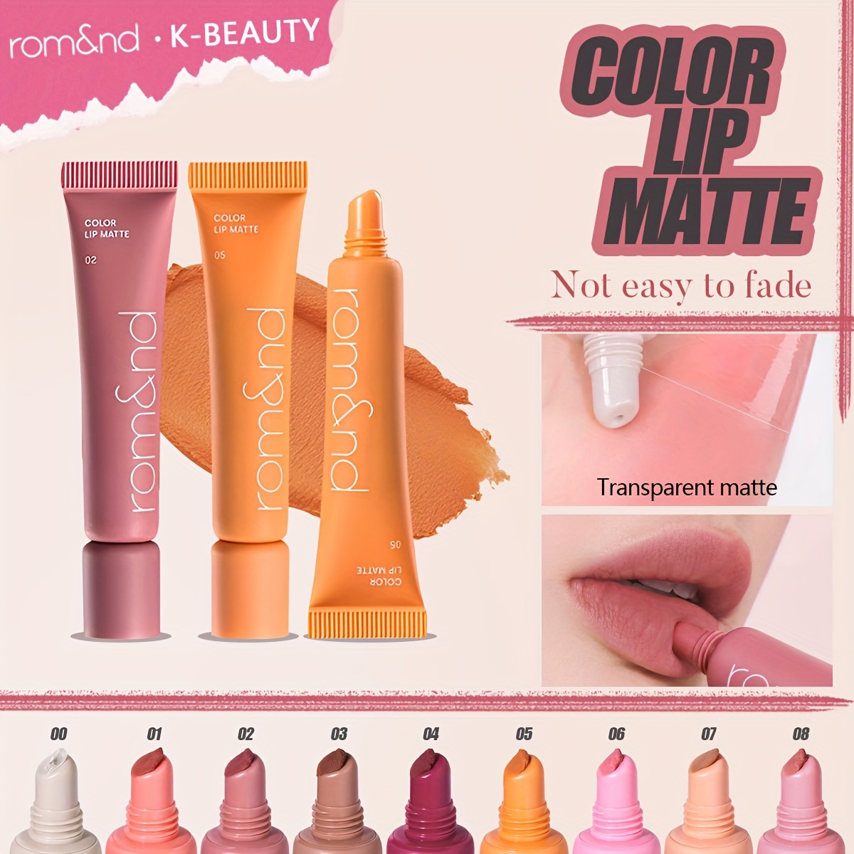 rom&nd COLOR LIP MATTE - Long-Lasting Matte Lip Stain, Non-Drying Moisturizing Lip Tint, Highly Pigmented Matte Shades (00-08), Non-Drying Formula, Office & Everyday Makeup, Korean Beauty, 8g/0.28oz