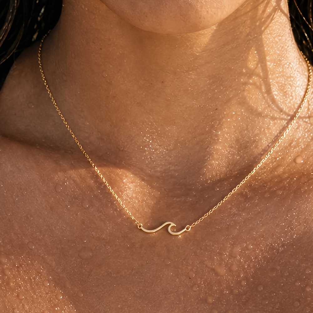 TEMU Easy 18k Golden Plated Wave Necklace, 304 Stainless Steel Waterproof Surfer Style Jewelry, Ocean Element Pendant Necklace, Easy Beach Style