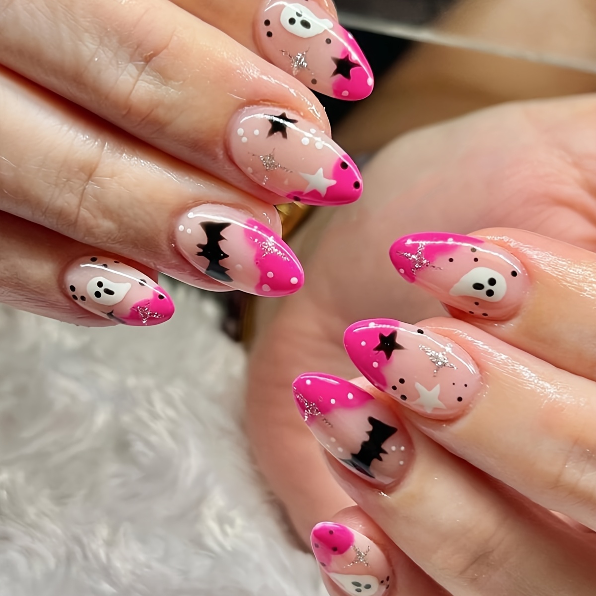 TEMU 24pcs Cute Halloween Press On Nails, Medium Almond Nude Fake Nails Pink Drip Details, , Bats And Stars With , Nail Tips Perfect For Halloween