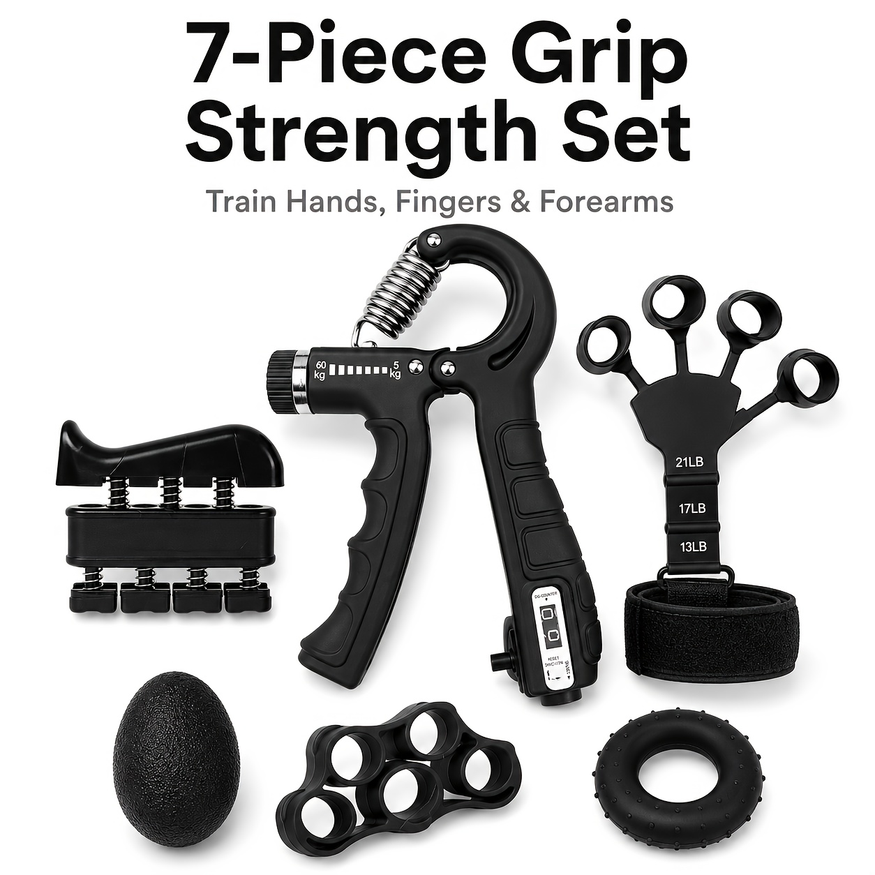 Image of 7pcs Hand Grip Strength Trainer Set, Adjustable Resistance Hand Gripper With Counter, Finger Exerciser, And Grip Egg, Suitable For Home Workouts, Office , Gym Training And Daily Hand Exercise