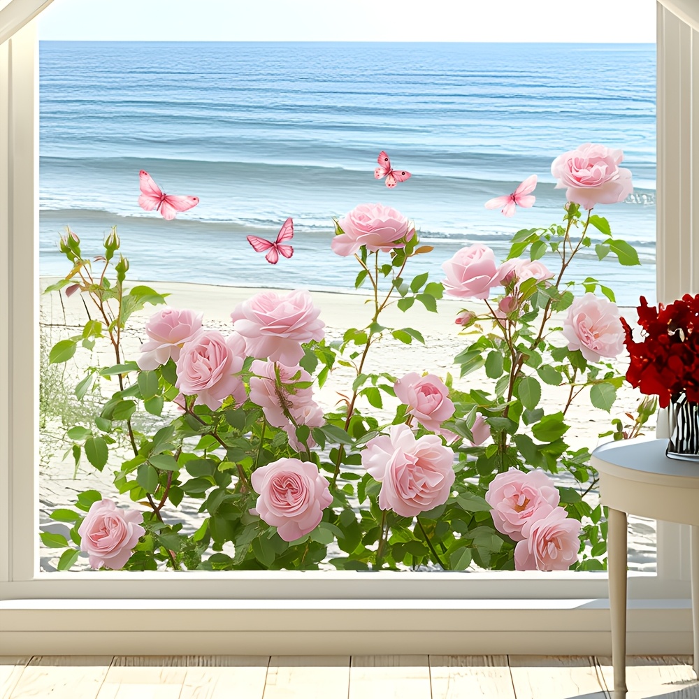 E-shop 29,9 x 59,8 Zoll Puderrosa Strand Fenster Klebeaufkleber Selbstklebend Entfernbare Spurfreie Schmetterling Verzierung für Urlaubsgefühl Balkon