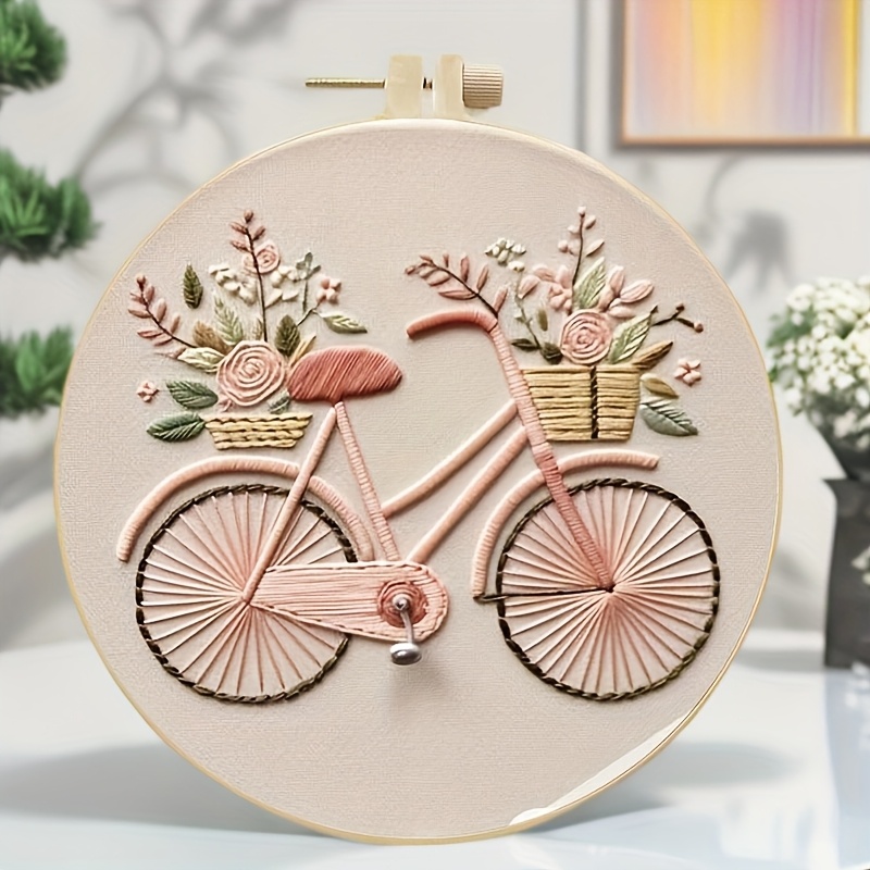 

1set Spring Bicycle Embroidery Kit For Adults Beginners, Diy Handcrafted Decor With Printed Pattern, Needle, , Hoop & Instructions, Valentine's Day, Easter, Holiday Decor, Home Decoration Gift For