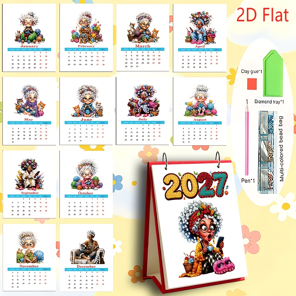 TEMU 1pc 2027 2d Fashion Grandma Series Diamond Painting Diy Holiday Series Pattern Calendar, Desktop Calendar, Desk Calendar, Office Desk Calendar