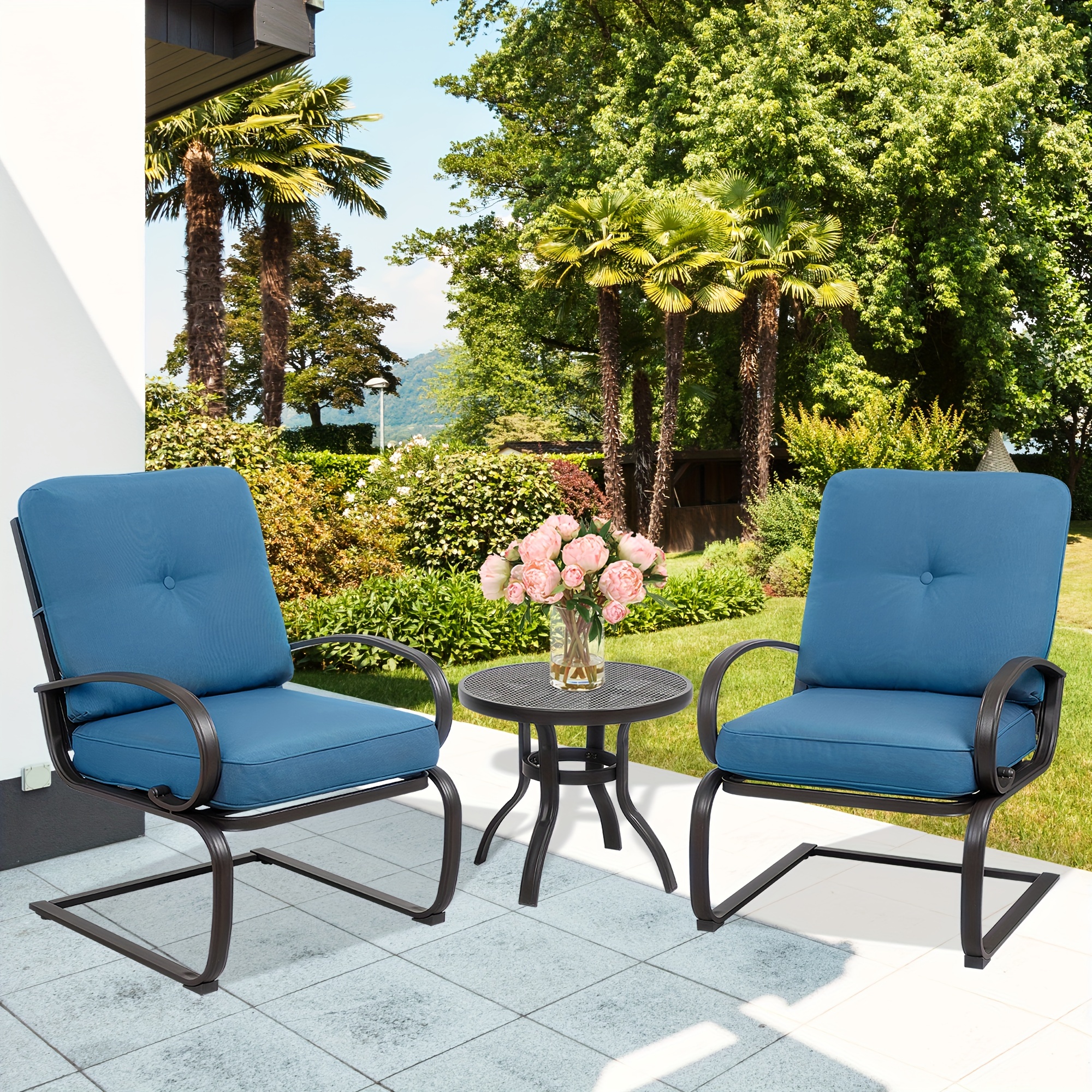 

3pcs Outdoor Patio Bistro Set Springs Motion Chairs And Round Table Set, Indoor Steel Frame Conversation Furniture Set With Cushions