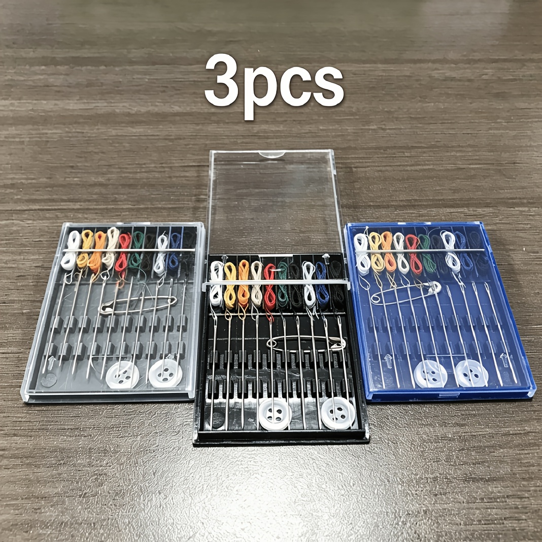 TEMU Mini Kit da Cucito Portatile a 3 Scatole, per Casa, Hotel, Cucito e Riparazione di Emergenza in Viaggio, con Spille di e Bottoni, Colori Casuali