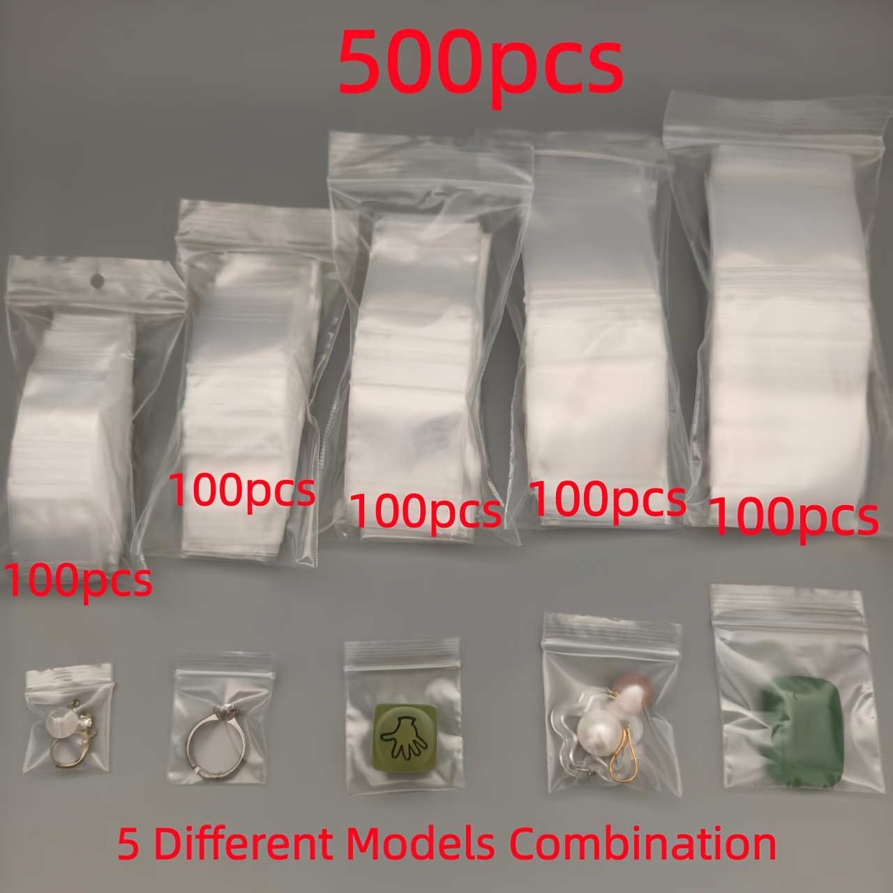 Image of 500pcs Mini White Transparent Resealable Bags, 5 Different Sizes Combo, Suitable For Jewelry, Accessories, Craft Materials, Stationery Packaging Storage, Party Gift Bags, Durable Small Pouches