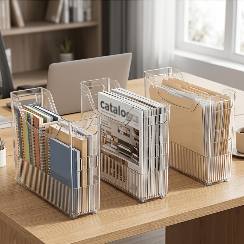 TEMU 3pcs Single-standing Plastic File Storage Boxes, Packaging Paper Organizers, Desktop File Storage Boxes, Book And Magazine Organizers, Office