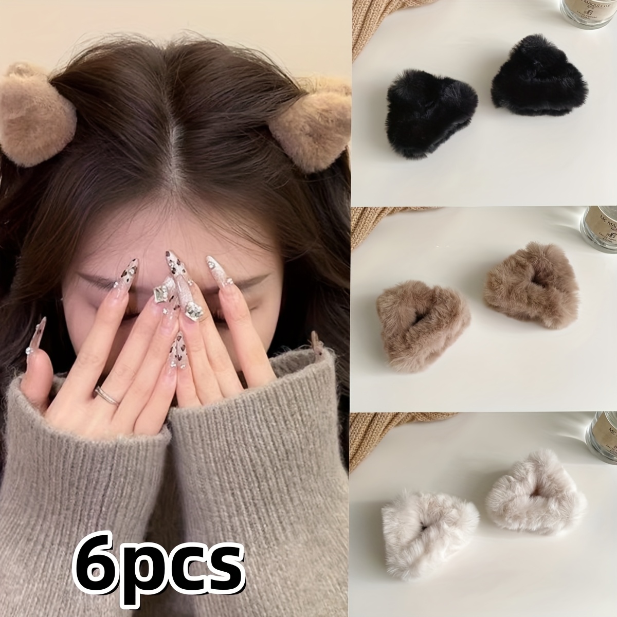 Image of 6pcs Plush Cat Ear Side Hairpins, Small Grabbers, Suitable For Broken Forehead Hair And , Half-tied Ponytail Bangs Clips, Daily Wear And Hair Accessories Gifts