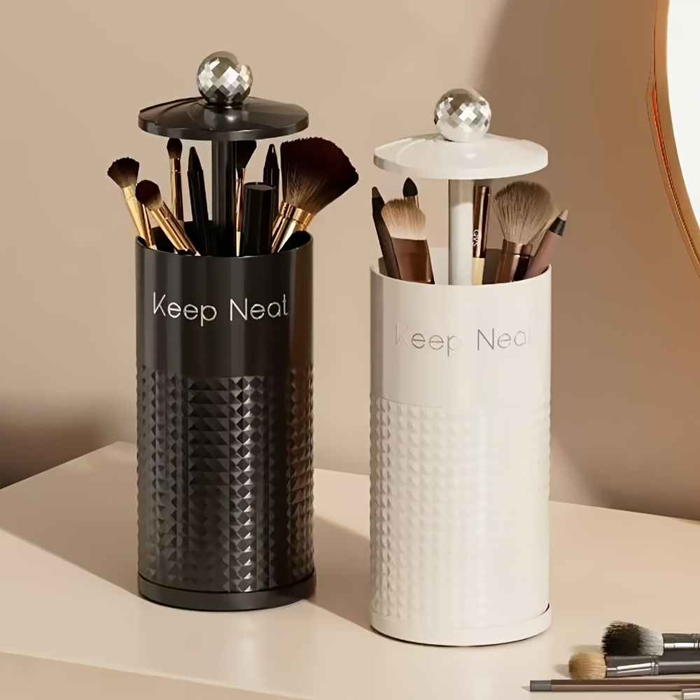 1pc automatic   up cosmetic organizer with dust proof lid durable plastic makeup brush holder for vanity bathroom countertop black white brush storage tubes no power needed makeup vanity desk   sturdy construction beauty enthusiasts   easy to   organizers Product details 1
