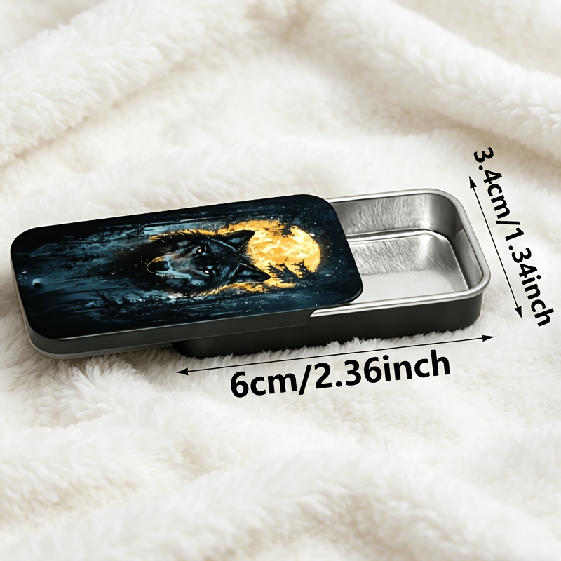 TEMU . Mondlicht-Wolf-Feuerzündholzschachtel, robuste Metallbox mit aufschiebbarem Deckel, tragbare Mini-Aufbewahrungsbox, kleine Blechdose für