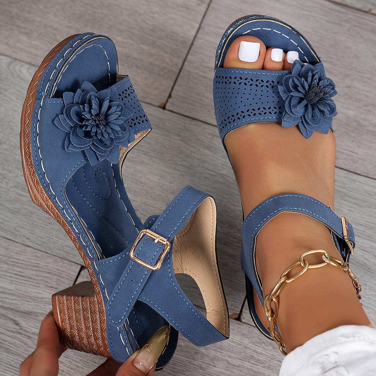 Image of Elegant Women Shoes Shoes Women Summer Wedge Sandals Floral Toe Shoes Woman Platform Ankle Strap Sandal