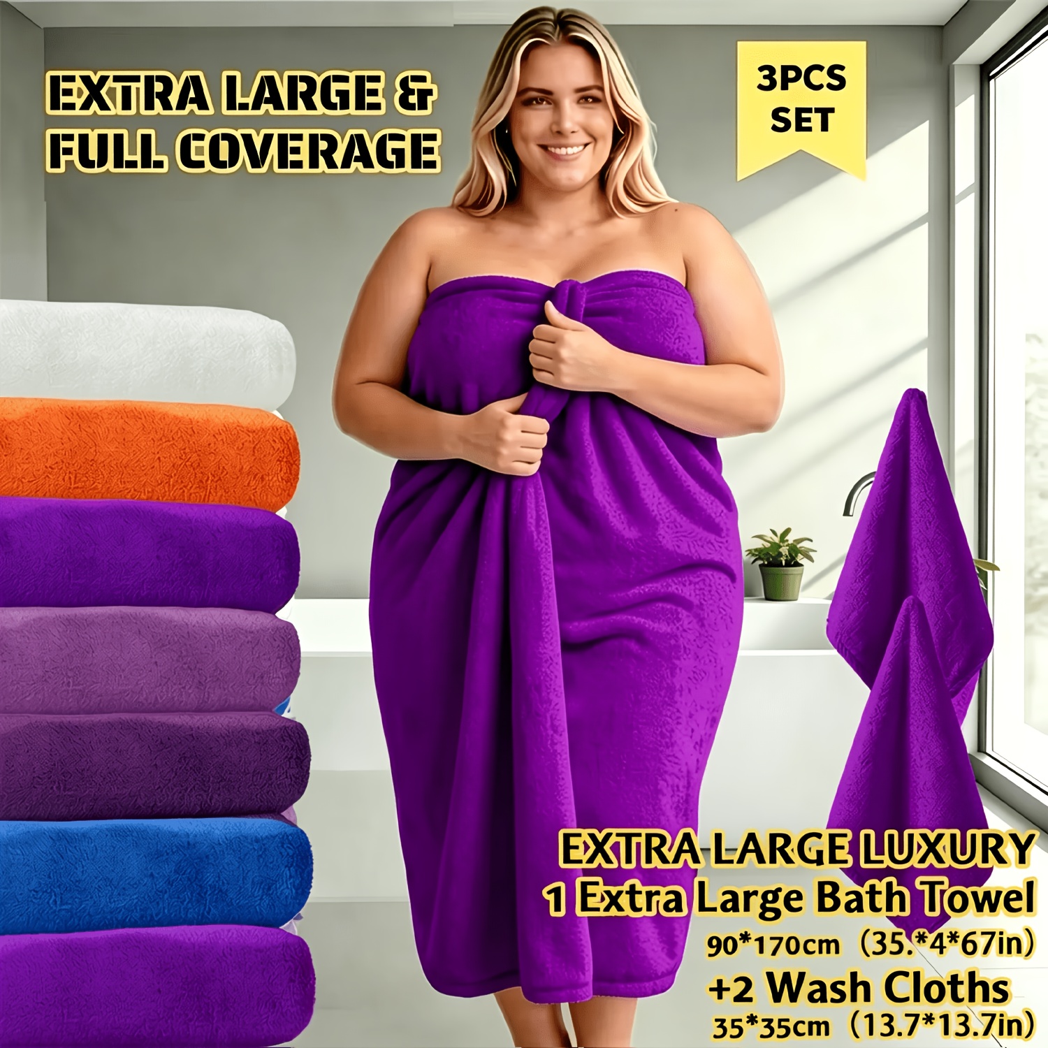 TEMU 3pcs Towel Set, Includes 1pc Extra Largebath Towel (90x170cm) And 2pcs Smalltowel (35x35cm), 3x Faster Absorbent, Fluffy Quick-dry, -perfect