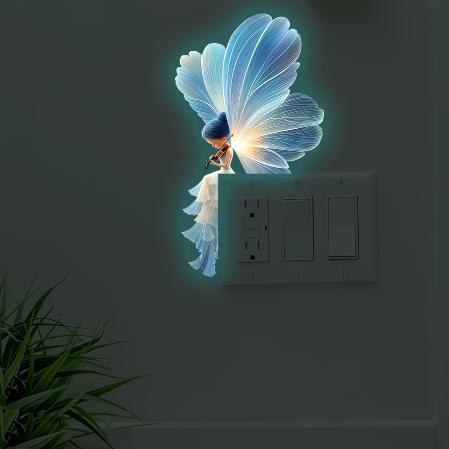 TEMU 1pc Luminous Violin Fairy Wall Sticker Switch Sticker, Blue-winged Violin-playing Elf Luminous Self-adhesive Bedroom Decorative Decal