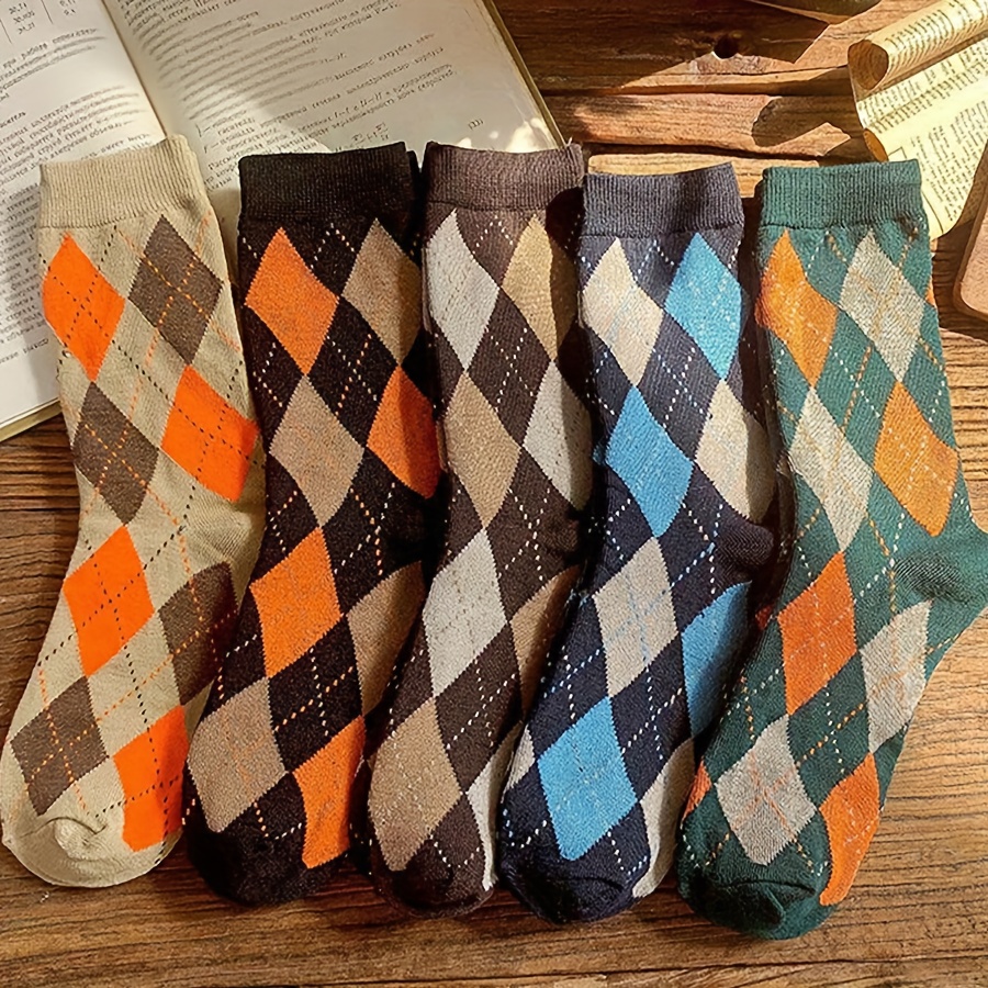 TEMU 5-pair Women's Mid-calf Socks, Autumn/winter Style, Diamond Pattern Long Socks, Fashionable Casual Sports Socks, Japanese/korean Style, Academic