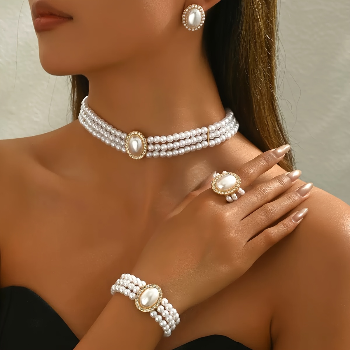 Image of 4pcs Women's Fashion Jewelry Set, Vintage Elegant Beaded Jewelry Set, Includes Necklace, Bracelet, Earrings, And Ring, Suitable For Daily, Casual, Wedding, And Formal Occasions, Holiday Gift