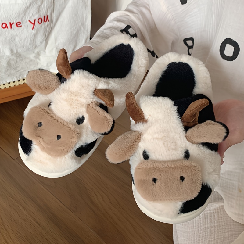 

Cozy Cartoon Cow Plush Slippers For Women - Comfy, Non-slip, Warm Toe Home Shoes With Soft Fabric