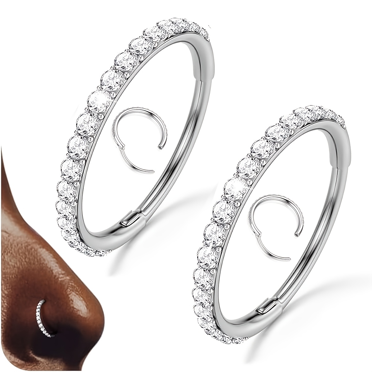 TEMU 2pcs 316l Stainless Steel Nose Ring Synthetic Zirconia Septum Lip Ring Tiny Earring Hoop Cartilage Tragus Daith Helix Earring Piercing Jewelry