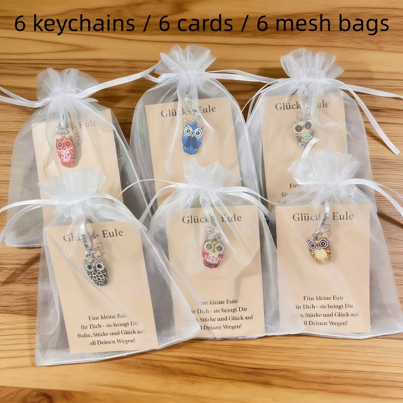 Image of 18pcs Colorful Owl Keychain Set, Includes 6 Keychains/6 Owl Greeting Cards/6 Mesh Bags, Suitable For Decorating Bag Accessories, Unique Gift, Gift, Birthday Gift, Party Gift, Back-to-school Gift