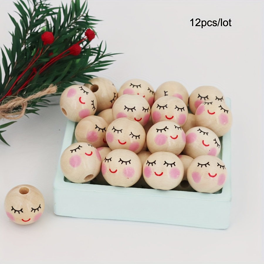 20mm Wooden Face Pattern Beads 12pcs Round Ball Wooden Face Pattern Beads With Hole, Jewelry Making Decor Crafts