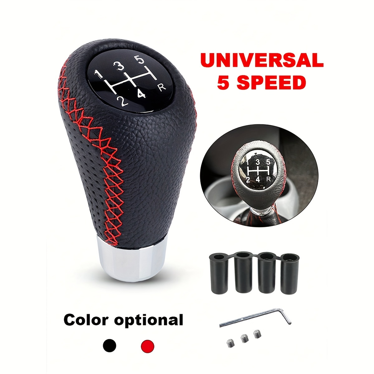 TEMU Hr Fit 5- Manual Gear Shift Knob - Leather With Red Stitching, Carbon Fiber Handle, Fit For Most Vehicles