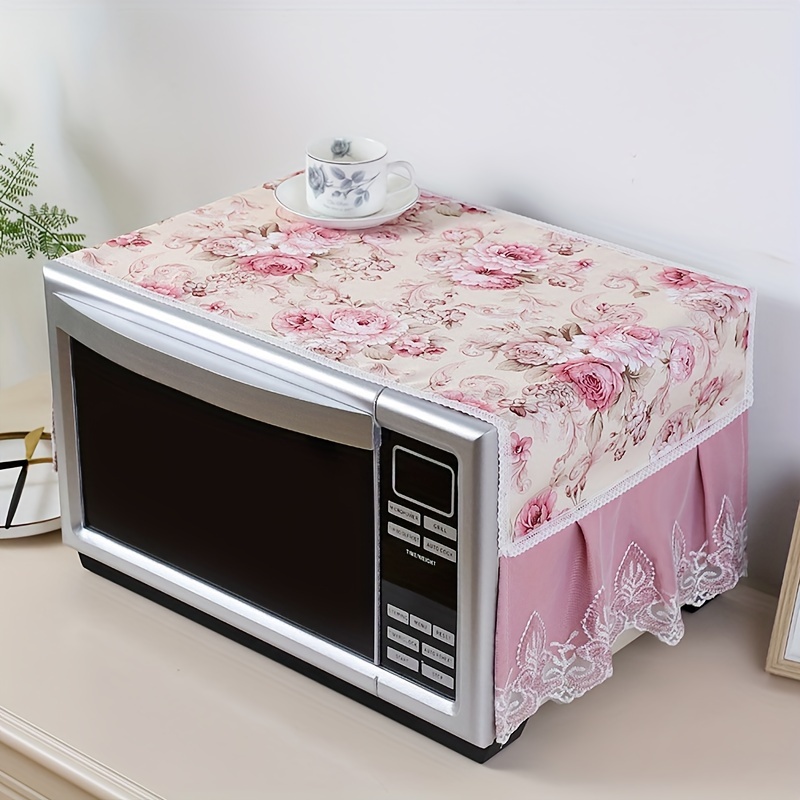 TEMU 1pc, Microwave Oven Cover, Elegant Floral Polyester Microwave Oven Dust-proof Cover With Lace Accents, Microwave Oven Protective Cover, Protective Kitchen Appliance Decor