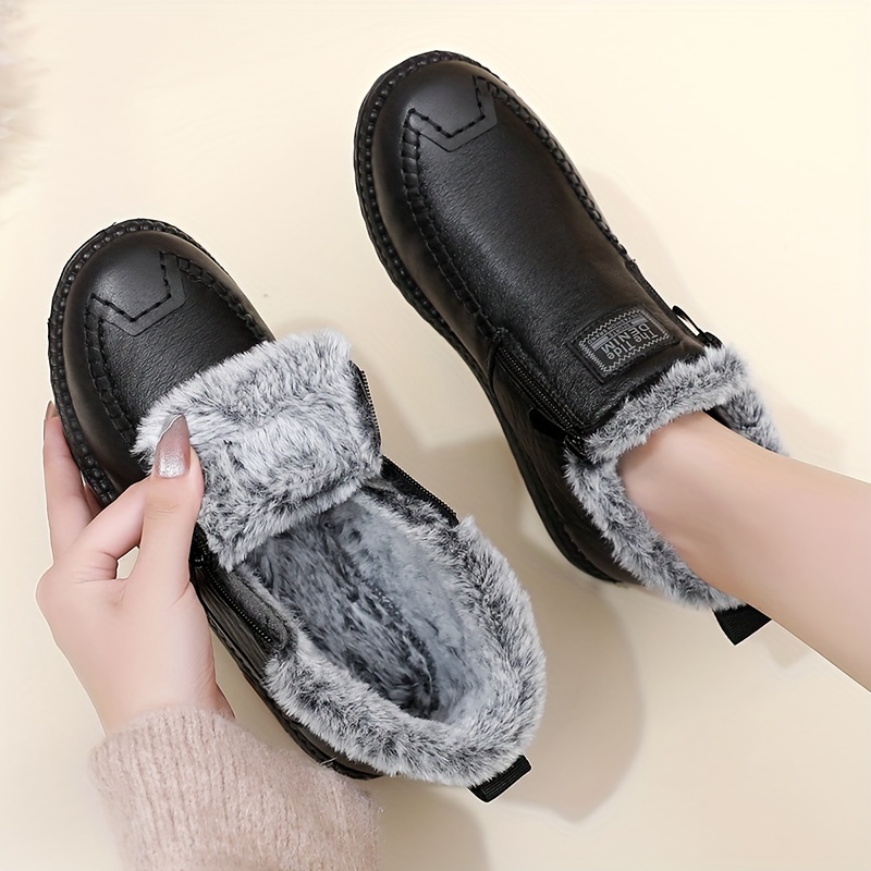 

Winter Women's Ankle & , Casual Solid Color, Waterproof Warm Snow Boots, Flat Heel, With Fur , Fabric Insole, Pu Sole, For Comfort Shoes