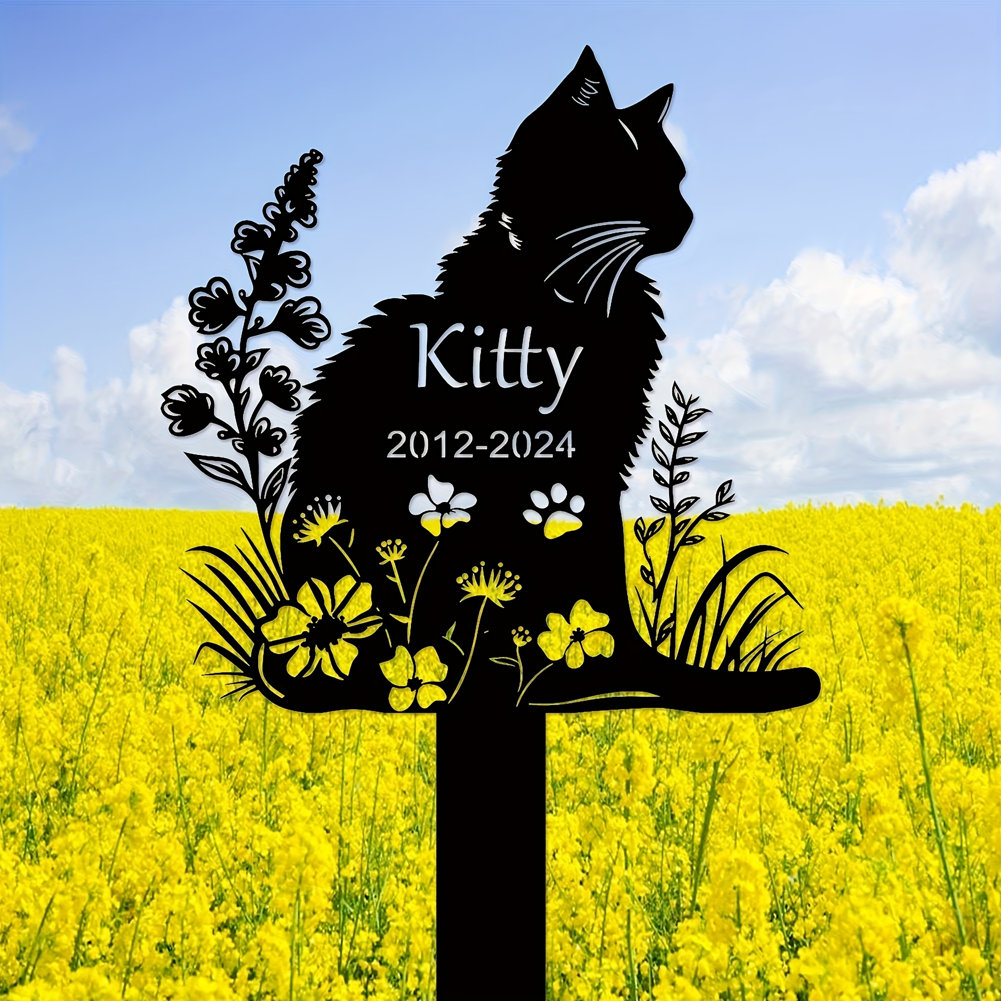 E-shop Personalisierter Metall-Katzen-Grabstein mit Blumenmuster - Rustikaler Stil, Kein Erforderlich, für Osterdekoration und Katzenliebhaber,
