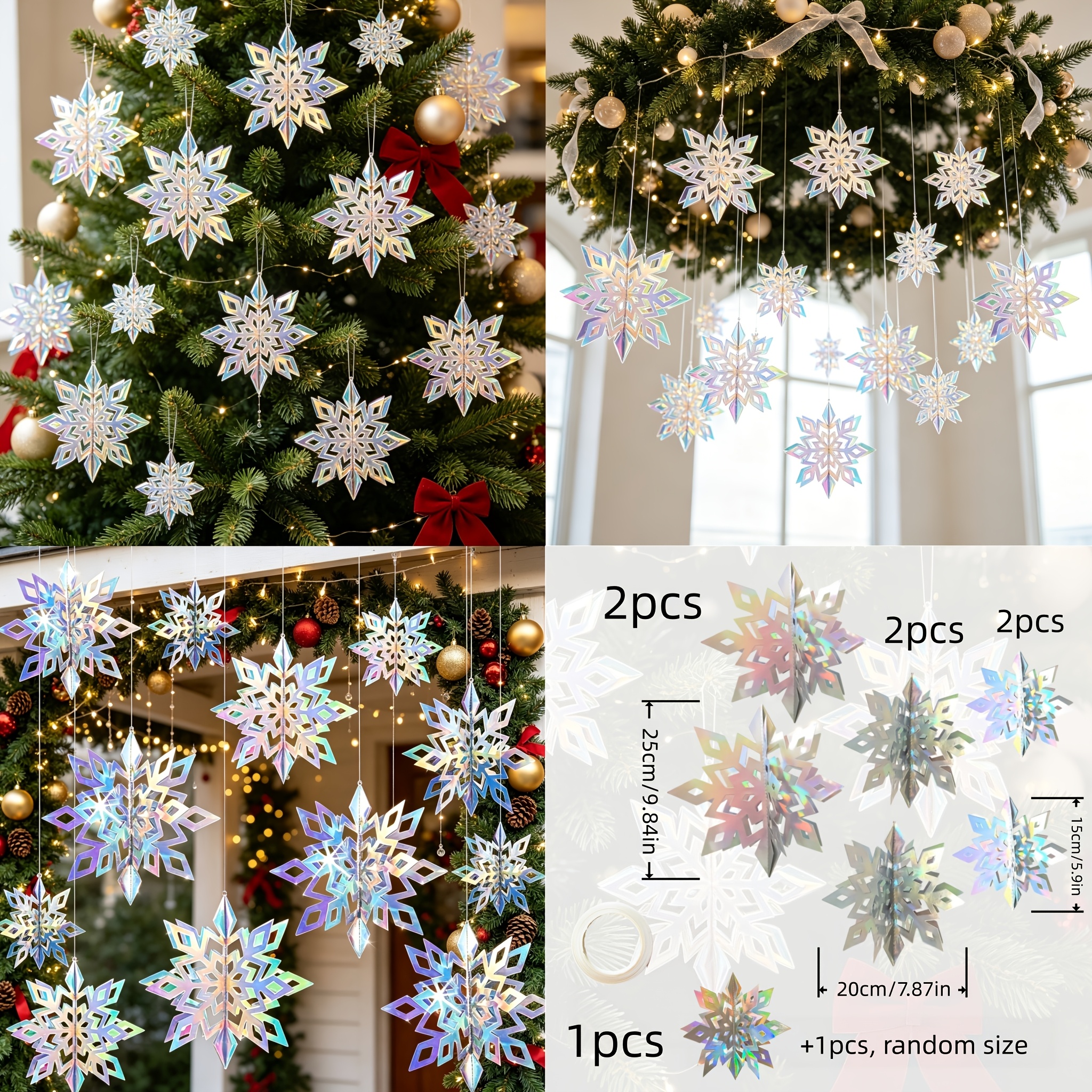 TEMU 7pcs Set Of 3d Laser-cut Snowflake Ornaments In Random Sizes Ranging From 15 To 25cm, Combined With 1 Roll Of 5-meter-long Ribbon String.