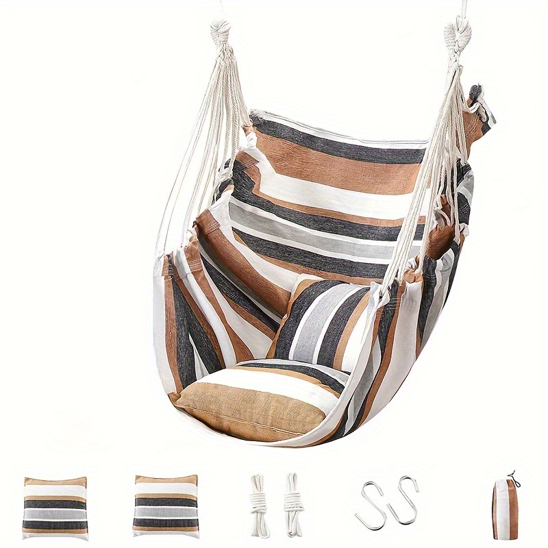 

Deluxe Striped Canvas Chair With Pocket - Knitted Hanging Rope Swing, Outdoor, Home, Bedroom, Patio, Yard - Handwash/, Includes & Headrest Cushion, Hammocks For Outside