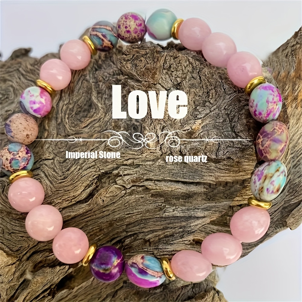 

1pc Bohemian Ocean Style Natural Stone Bangle, Rose Quartz & Imperial Stone Beaded Bracelet, Unisex Rainbow Stripe Love Charm For Music Festivals & Daily Wear Jewelry