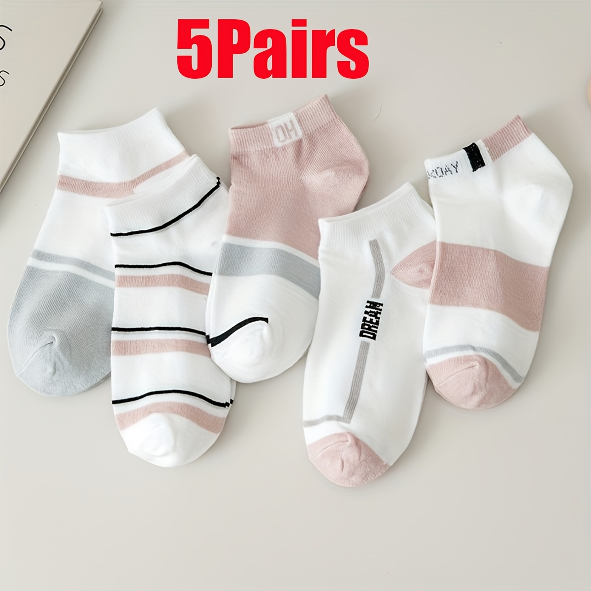 TEMU 5/10-pair Women's Summer Short Socks, Striped Breathable Color- No-show Socks, Fresh Pink Women's Socks