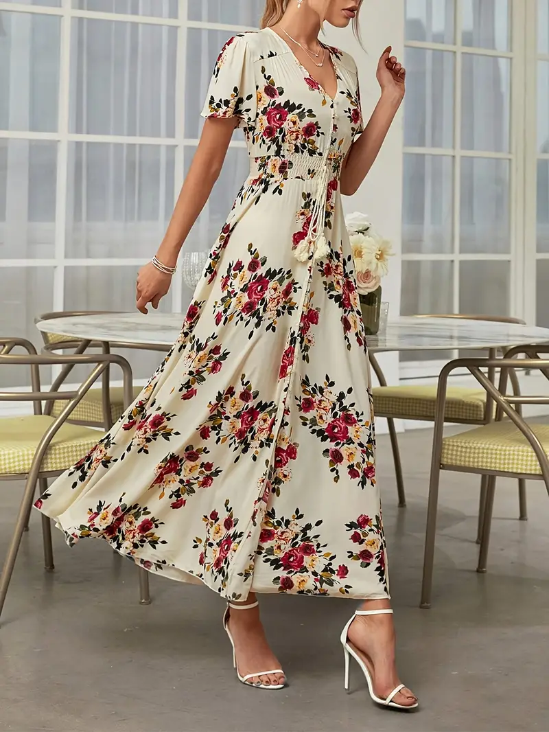 bohemian floral print maxi dress for women elegant v neck short sleeve a line silhouette lightweight viscose spring summer casual wear floral maxi dress Product details 8