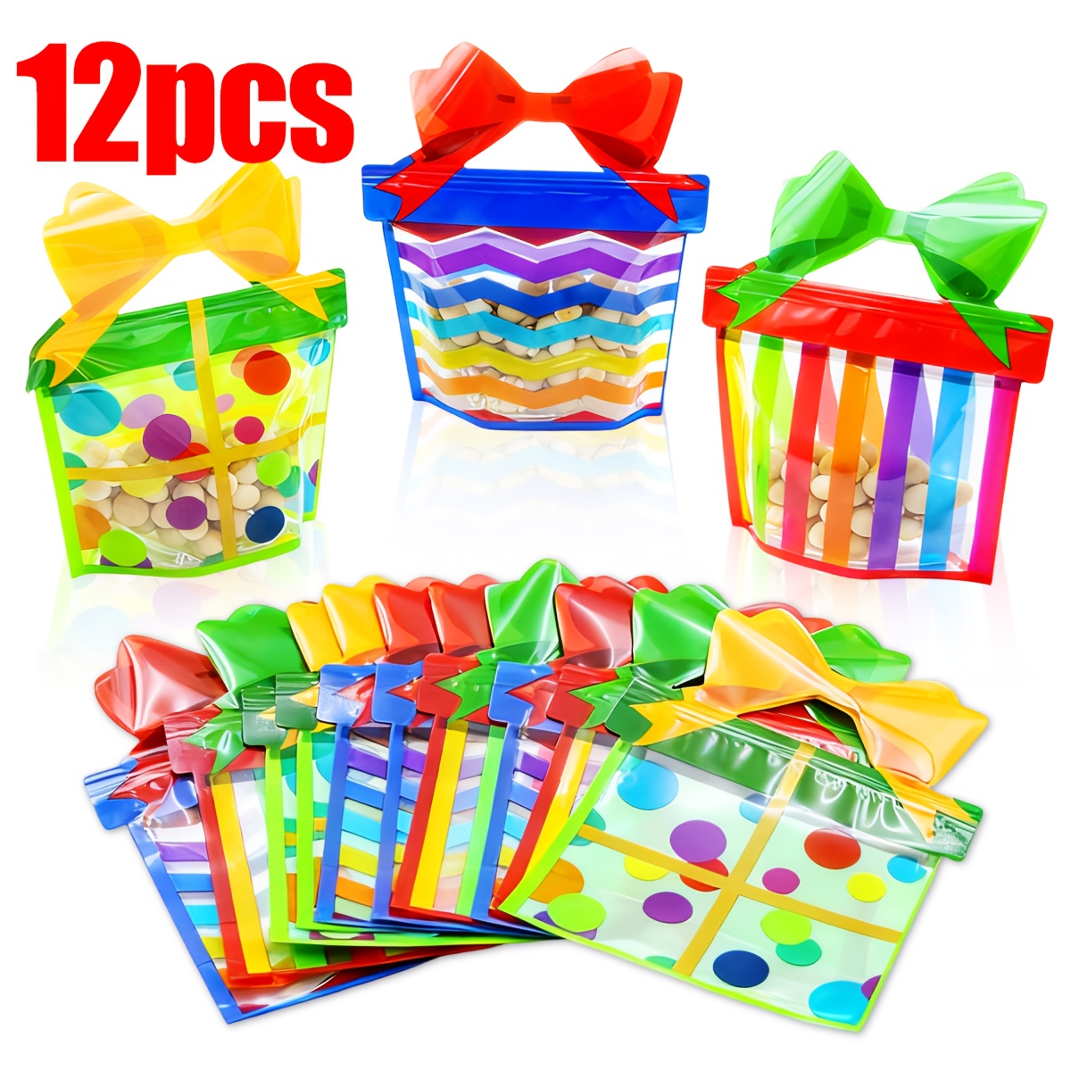 TEMU 12/24/36pcs Colours Goodie Gift Bags Plastic Treat Pouches With Zipper Closure And Handles Bulk Christmas Bow Gift Box Bags For Holiday Easter