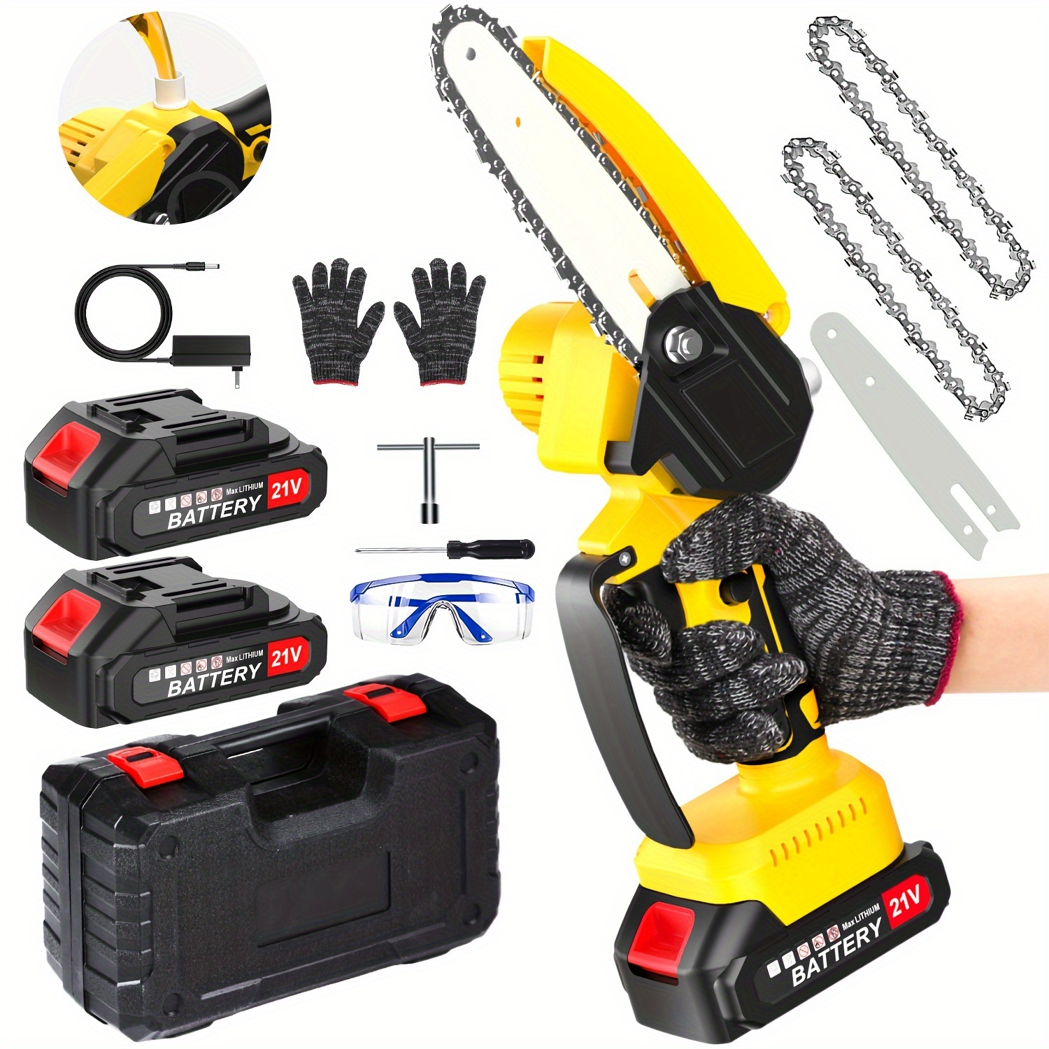 

Fovendi Mini Cordless Chainsaw Kit, 2024 Upgraded 6" One-hand Handheld Electric Portable Chainsaw, 2* 2000mah 21v Rechargeable Battery Operated, For Tree Trimming And Branch Wood Cutting