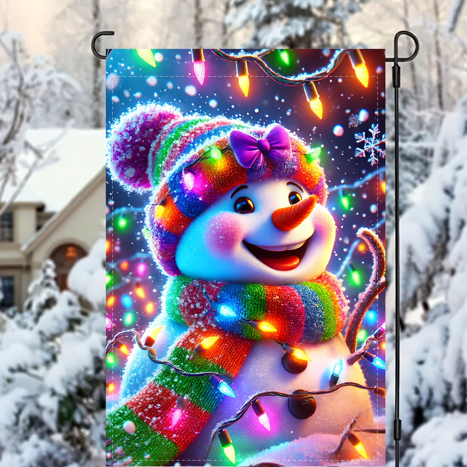 

1pc - Double-sided Smiling Snowman Flag With Christmas Lights - Polyester Garden Flag For Outdoor Decor, 12x18 Inches, Patio & Front Door Holiday Display, No Flagpole Required