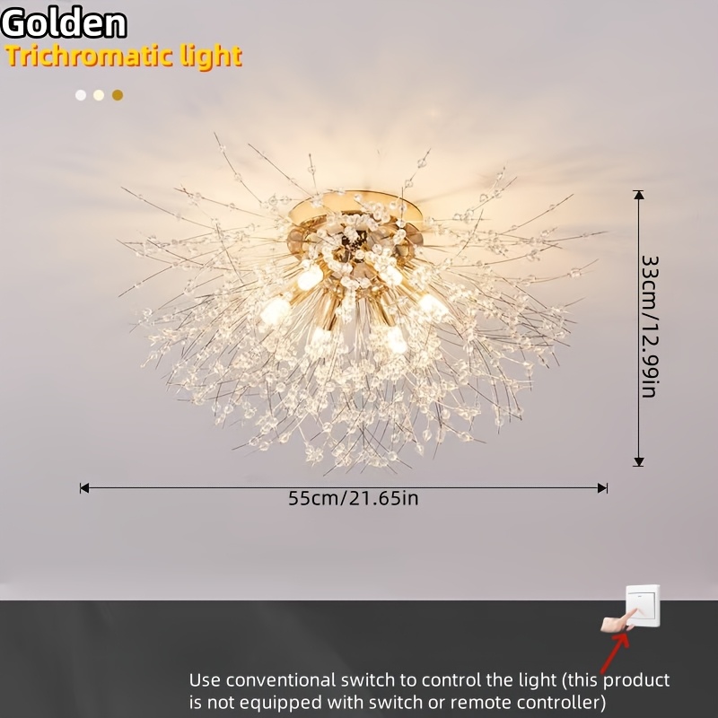 Modern Dandelion-Shaped Crystal LED Ceiling Light with 3-Color Changing Bulbs - Elegant Chandelier for Dining Room, Living Room, or Bedroom - Wall Switch Controlled (Remote Not Included), Bedroom Chandelier | Contemporary Ambiance | Metal Construction, Chandeliers for Ceiling