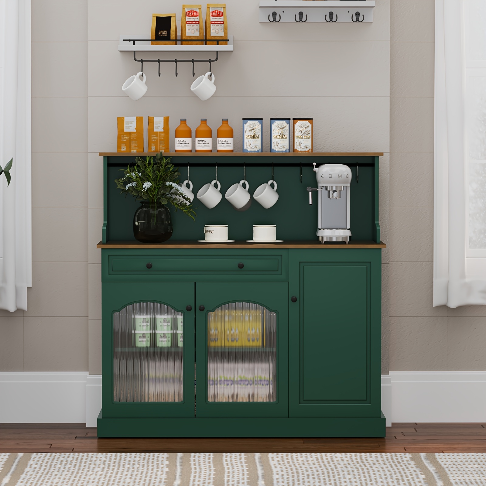 Image of 3-tier Microwave Cabinet With 3 Wooden Doors, Large Storage Organizer Shelf With Wheels For Kitchen, Pantry, Countertop
