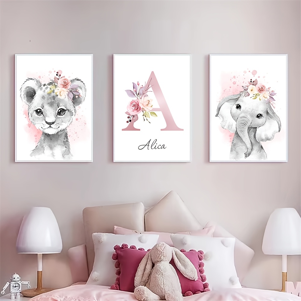 TEMU 3pcs Animal Theme Custom Name Canvas Painting, Pink Flower Lion And Elephant Art Poster, Personalized Letter Print, Modern Wall Art, Girls