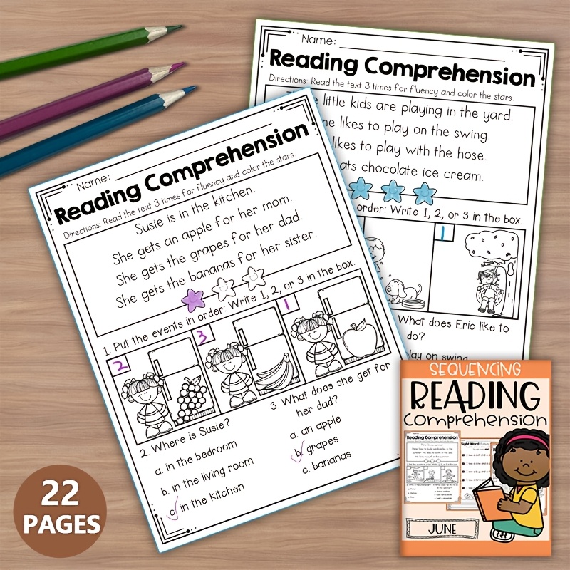 

22-page ' Reading & Sequencing Workbook - Educational Phonics, & Activities For Preschool, Kindergarten, Homeschool & Esl Learning, Books