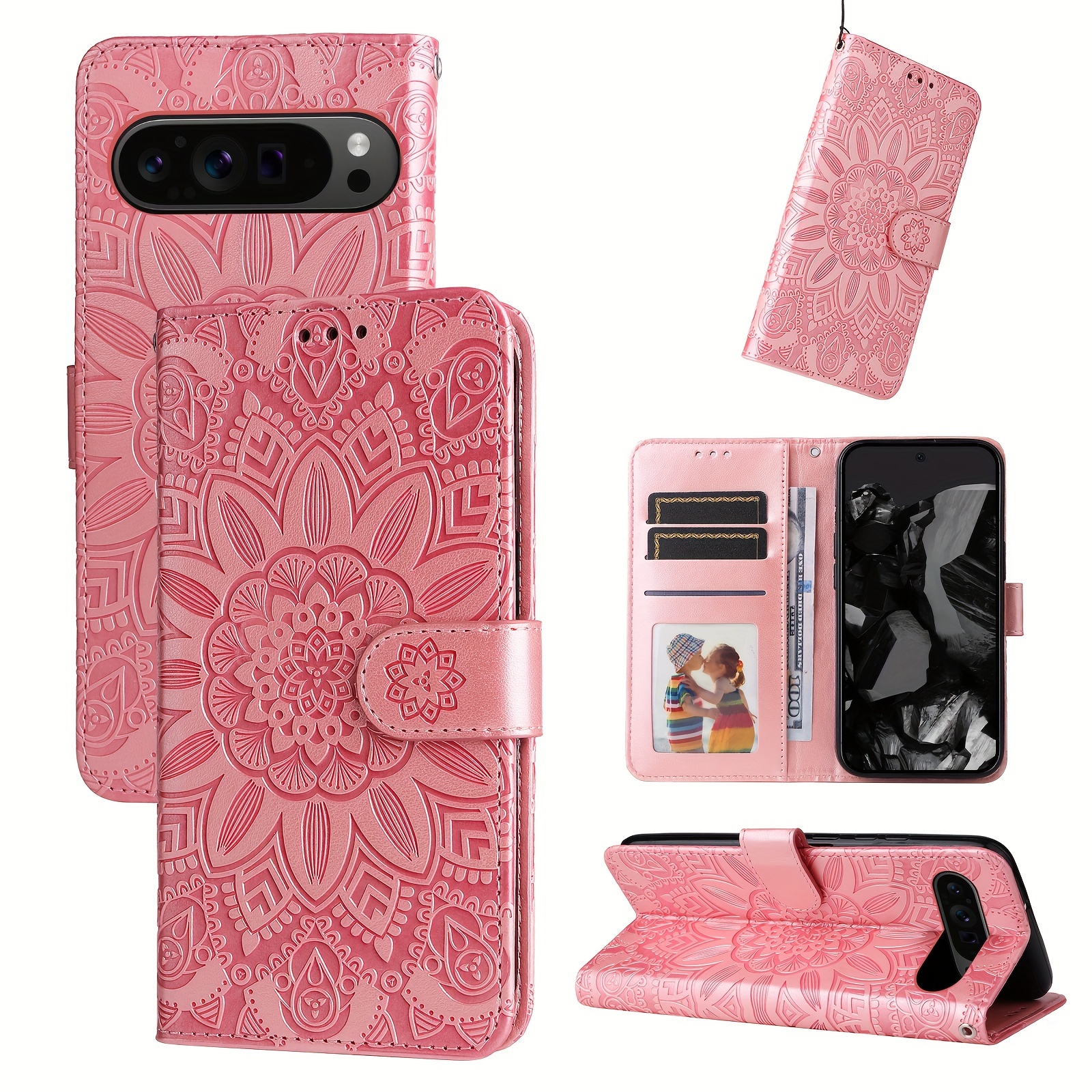 

For Pixel 8/pixel 8a/pixel 8pro, Premium Leather Flip Wallet Case, Flower Embossed Shockproof Cover Case, With Card Slots Holder Kickstand Hand Strap